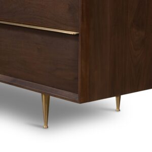 Close view of Billy Dresser Dark Walnut brass polished legs