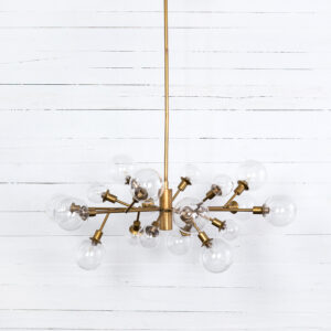 Matte Brass Pellman Chandelier with clear glass bulbs