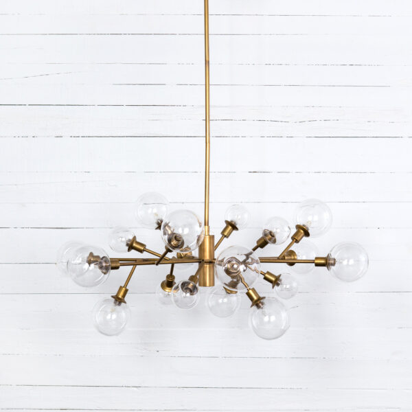 Matte Brass Pellman Chandelier with clear glass bulbs