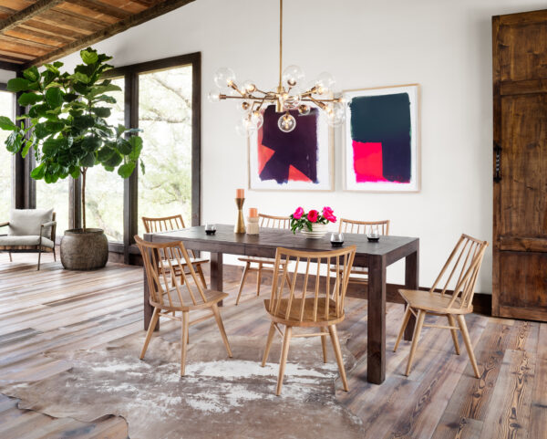 Pellman chandelier and a dining table with wine glasses