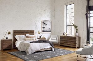 a bedroom with a bed, two side tables, and lamps